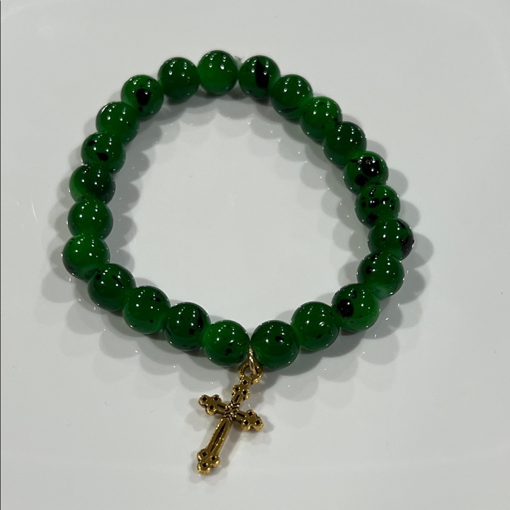 Green Beaded Bracelet with Gold Cross Charm